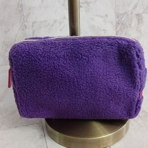 Betsey Johnson Purple Faux Sherpa Cosmetic Pouch with Pink Zip Pull